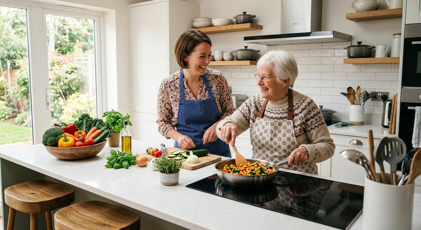 Caregiver preparing a healthy meal for an older adult in their home kitchen